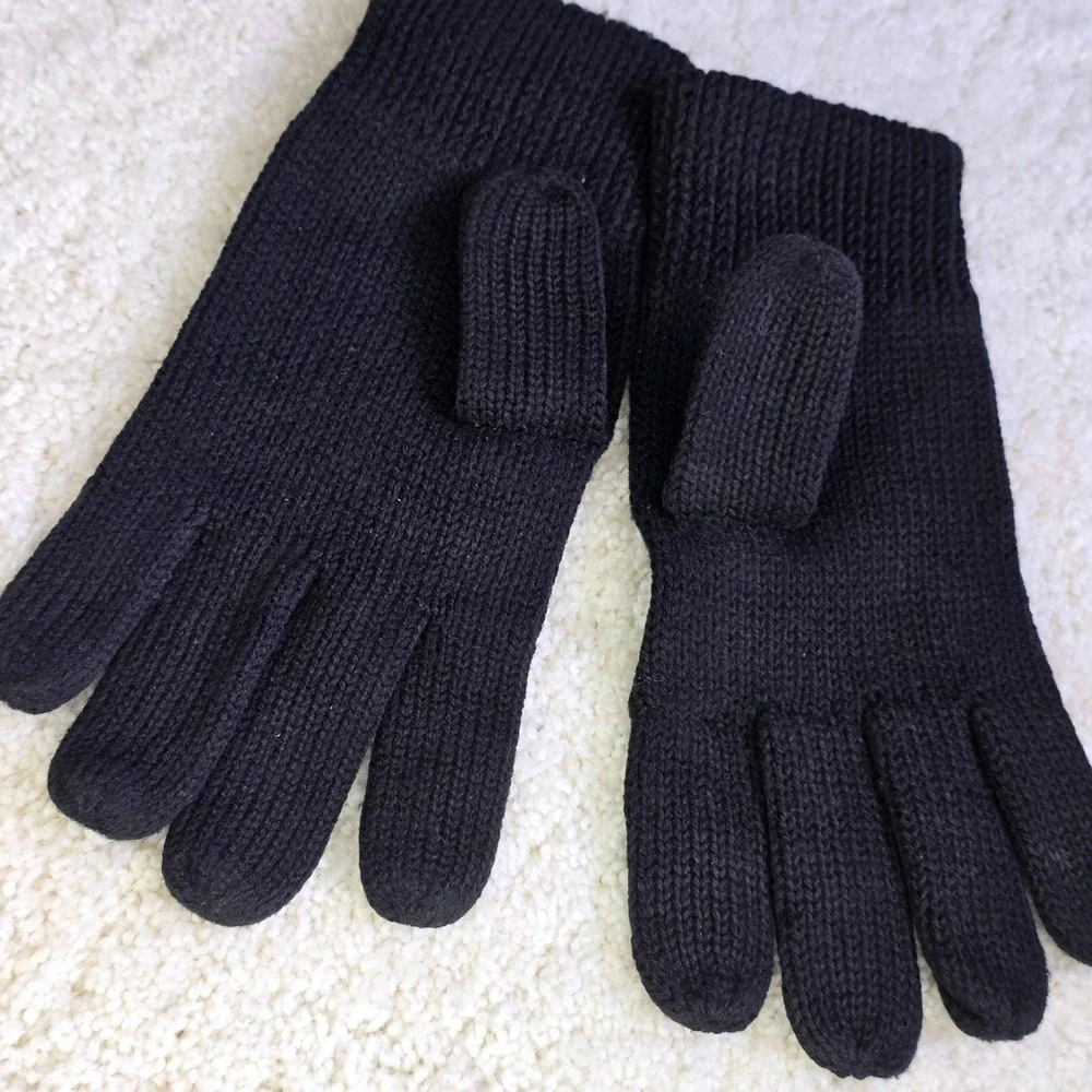 Vintage Womens Size OS Knit Gloves Black Solid Ribbed Cuff Warm Winter Classic